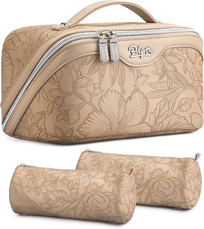 BOYATU Travel Makeup Bags Cosmetic Organizer Bag: 3-Set Large Capacity Make up Bag - PU Leather Toiletry Bags for Women - Wide Open Portable Pouch with Divider & Handle (02-Light Brown)