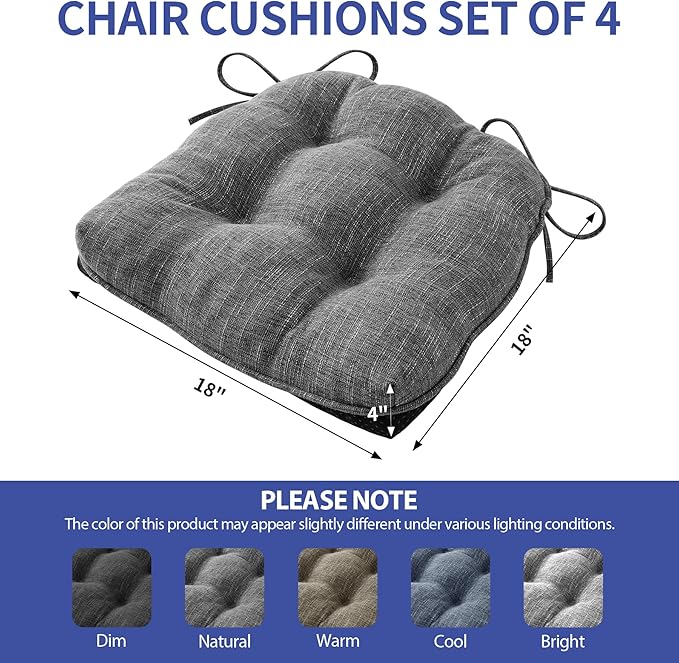 Chair Cushions for Dining Chairs Set of 4, Kitchen Chair Cushions, Chair Pads with Ties and Non Slip Backing, Tufted Memory Foam Seat Cushion 4 Pack, 18" x 18" x 4", Dark Gray