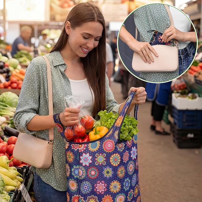 Paterr 50 Pack Reusable Foldable Grocery Bags 10 Patterns Bulk Shopping Totes Pocket Size Bags for Supermarket