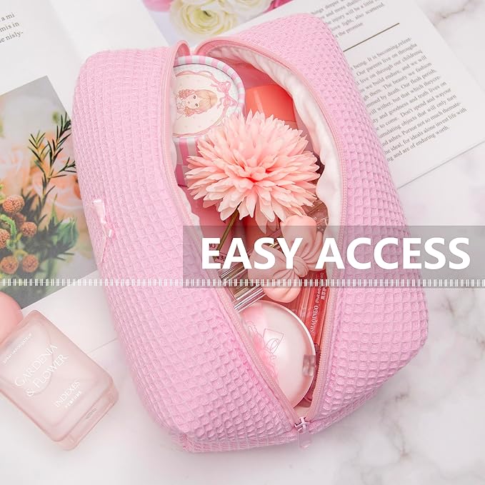 PAZIMIIK 2PCS Cozy Makeup Bag Travel Cosmetic Bag for Women Soft Toiletry Bag Aesthetic Makeup Organizer Portable Large Zipper Pouch for Skincare Beauty Accessories Brushes Walffle Check Pink