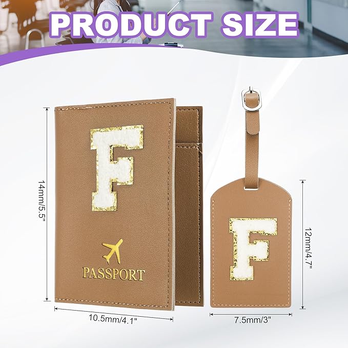 PATIKIL Passport Holder for Travel, Initial Passport Cover and Luggage Tag Set with Alphabet Chenille Letter Patch Travel Wallet Bag Suitcase Identifier for Women Family Travel Brown F