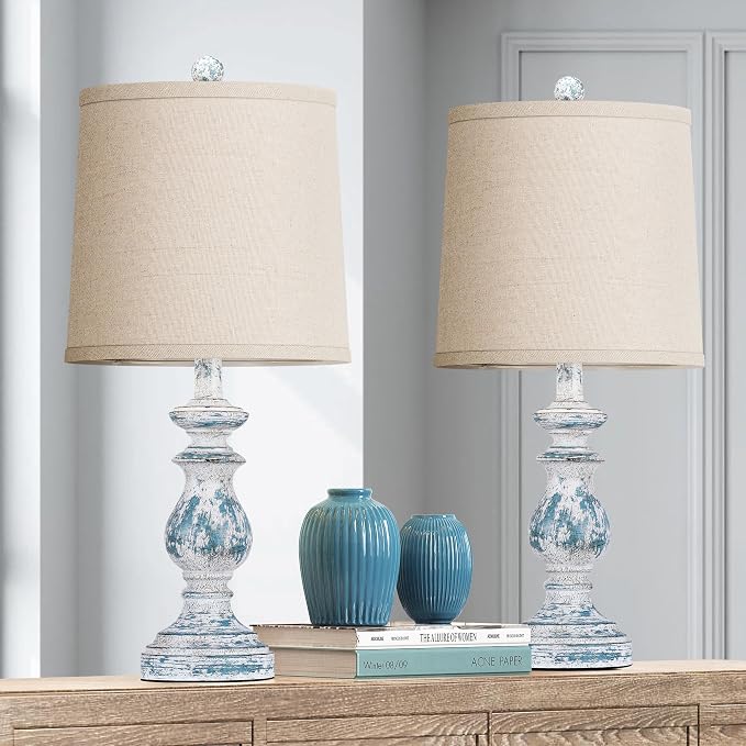 Traditional Table Lamp Set of 2, Rustic Farmhouse Table Lamps for Living Room Bedroom, 22" Bedside Desk Lamps Vintage Nightstand Lamps with Linen Shades, Washed Blue