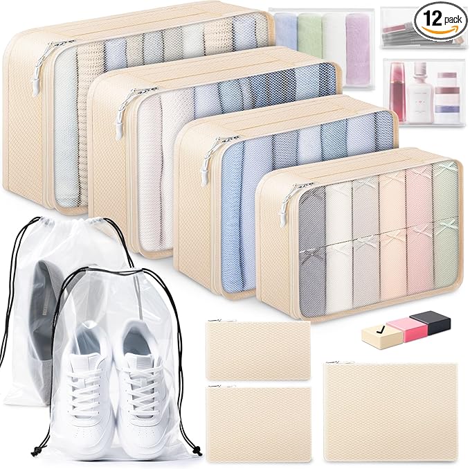 ALL INCLUDED - 12 Set Packing Cubes for Suitcases Carry On, Travel Essentials/Accessories Luggage Organizer Bags Set, Includes Cubes, Shoes Bag, Matte Cosmetic Bag, Zipper Bags