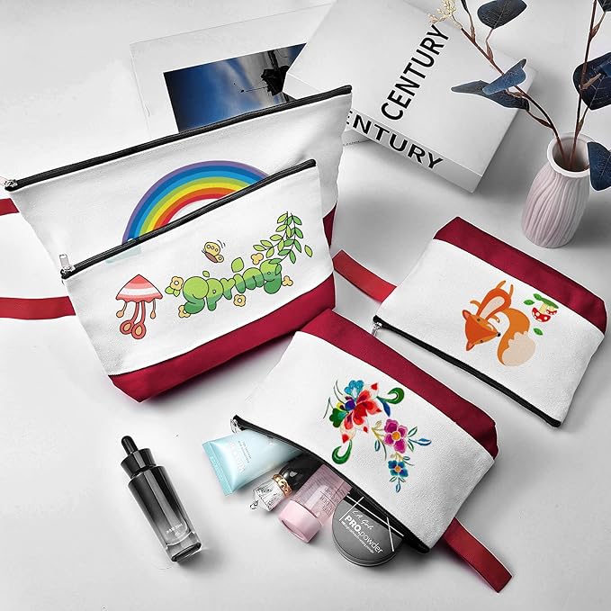 10 Pieces Cotton Canvas Makeup Bag with Bottom and Strap, Multi-Purpose Cosmetic Bag with Zipper Travel Toiletry Pouch, Blank DIY Craft Bag (White&Red, XS)