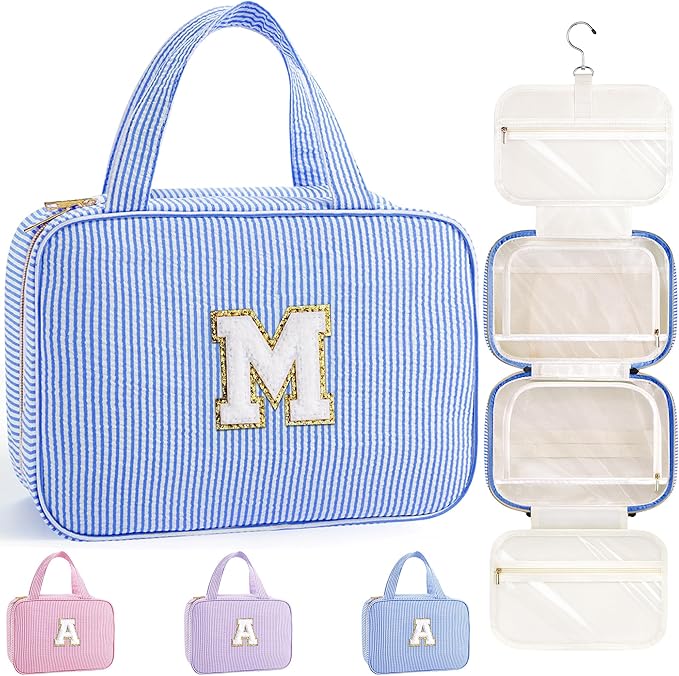 TOPEAST Travel Hanging Toiletry Bag, Personalized Initial Toiletry Pouch, Birthday Gifts for Women Mom Daughter Sister Friends, Cruise Essentials, Blue M