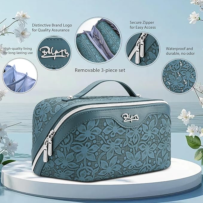 BOYATU Travel Makeup Bag Cosmetic Bags for Women: Large Capacity 3 Pcs Set Make up Bag with Compartments - Waterproof Vegan Leather Toiletry Organizer Bags with Handle (Z-63Blue)