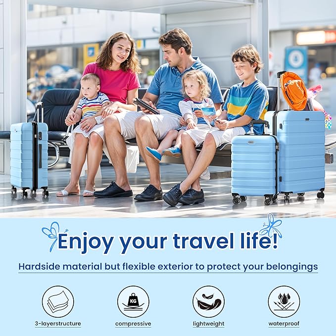 AnyZip Luggage Sets 3 Piece Hardshell Suitcase Set PC ABS Lightweight Travel Suitcases with 4 Double Spinner Wheels TSA Lock 20 24 28 Inch Light Blue