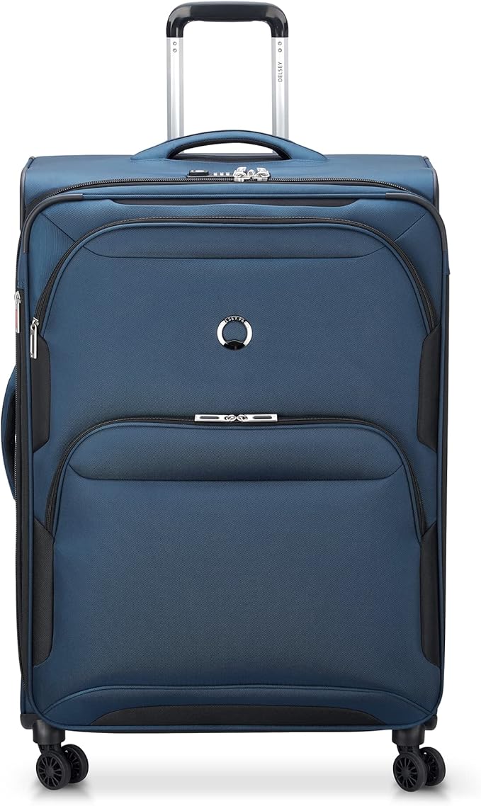 DELSEY PARIS Sky Max 2.0 Softside Expandable Luggage with Spinner Wheels, Blue, Checked-Large, 28 Inch