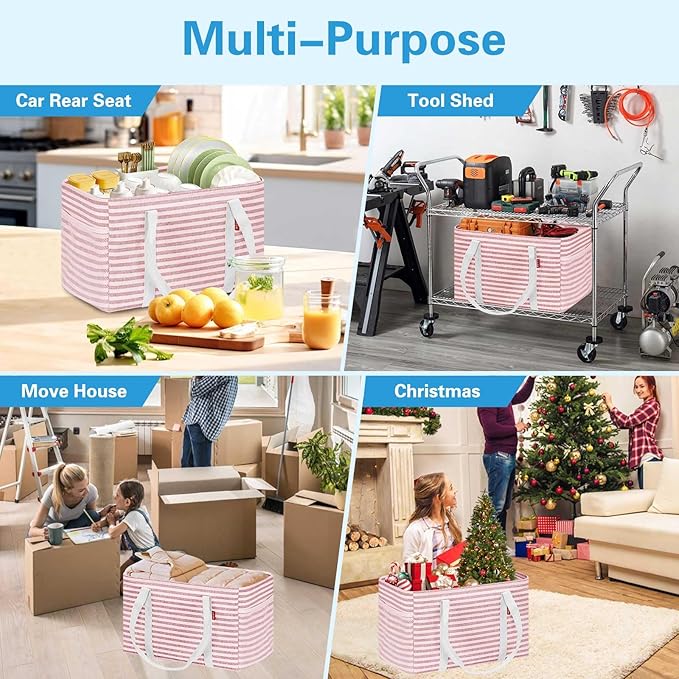 LHZK Standing Utility Tote Bag with Metal Wire Frame and the Sides Rinforced, Large Tote Bag with Handle, Reusable Grocery Bags Foldable, Beach Bag, Car Tote (Pink, 18.5''x11.8''x11.5'')