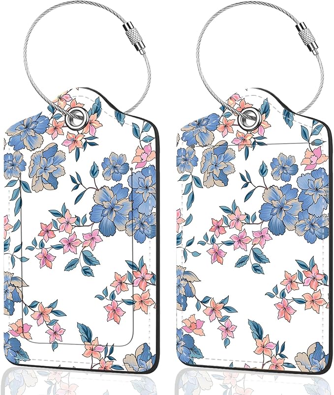 2Pack Luggage Tags for Suitcases, Cute Unique Pu Leather Cruise Luggage Tag with Privacy Cover ID Label Address Card and Metal Ring Suitable for Women Men Kids Travel Bag Blue Pink Flowers