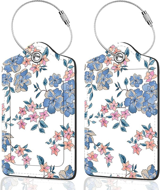2Pack Luggage Tags for Suitcases, Cute Unique Pu Leather Cruise Luggage Tag with Privacy Cover ID Label Address Card and Metal Ring Suitable for Women Men Kids Travel Bag Blue Pink Flowers