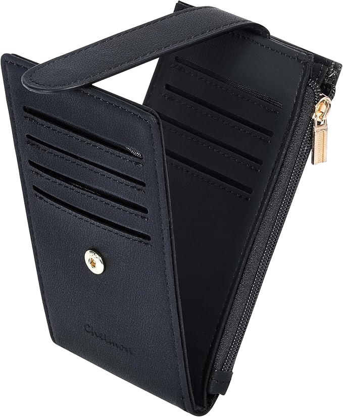 Chelmon Womens Wallet Slim RFID Blocking Bifold Multi Card Case Wallet with Zipper Pocket (Black Smooth)