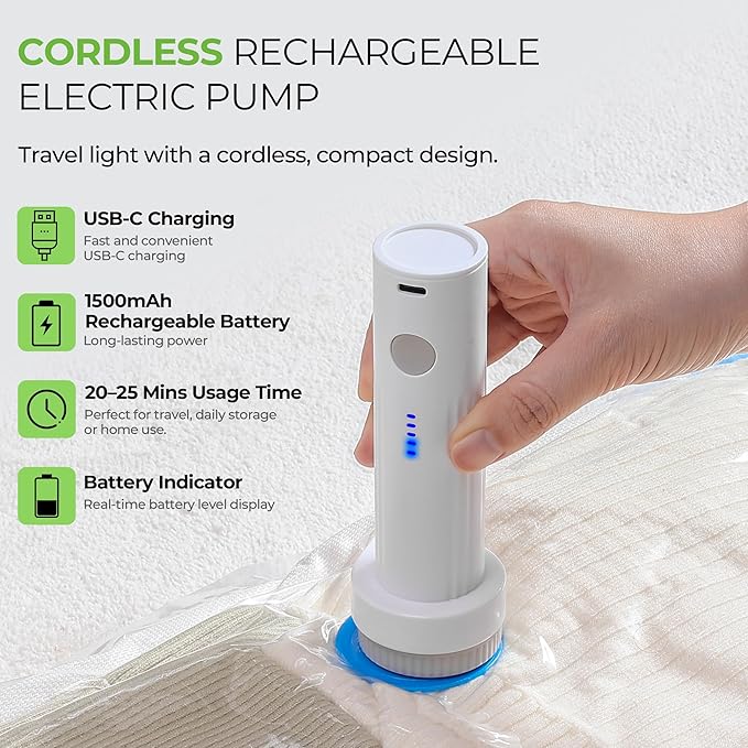 Vacuum Storage Bags for Travel - 15 Pack Compression Packing with Wireless Electric Pump for Luggage Vacuum Seal Bags for Clothes Space Saver Organizer for Moving Clothing Suitcase Travel