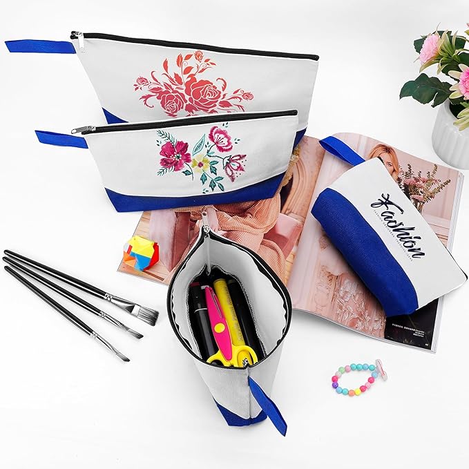 10 Pieces Cotton Canvas Makeup Bag with Bottom and Strap, Multi-Purpose Cosmetic Bag with Zipper Travel Toiletry Pouch, Blank DIY Craft Bag (White&Blue, L)