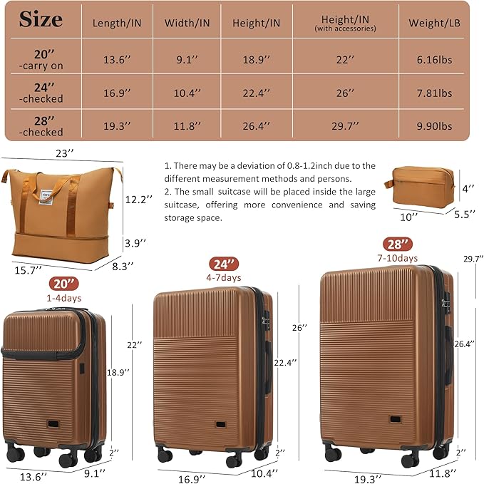 Merax Luggage Sets 5 Piece,Front Half-open Hardshell Expandable Suitcase with Spinner Wheels and Duffel Bags,Lightweight Carry on Luggage with USB Port,20/24/28IN,Brown