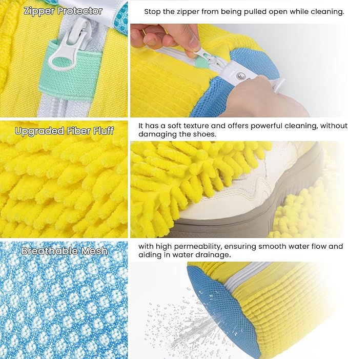 2Pcs Shoe Washing Machine Bag, Sneaker Laundry Bag for Washing Machine, Extra Long and Thick Microfibre Fluff, Reusable for Washer and Dryer (2 Pcs, Light Yellow Blue)