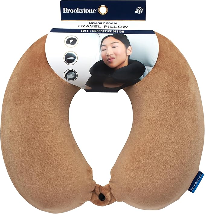 Brookstone Travel Neck Pillow - Lightweight Fleece Casing U-Shaped Stuffable Memory Foam Travel Pillow for Sleeping and Neck Support, Size One Size, Khaki
