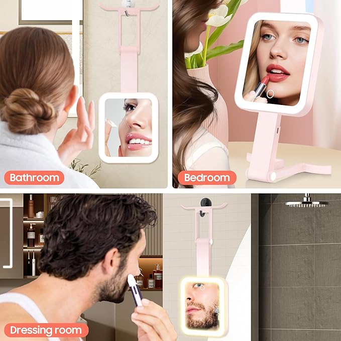 GOMIPURU Magnifying Travel Mirror with Light, 30X/1X Double-Sided Magnifying Mirror with 3 Color Lights, Brightness Adjustable,Foldable Handheld Makeup Mirrors Portable for Travel and Desktop Use,Pink