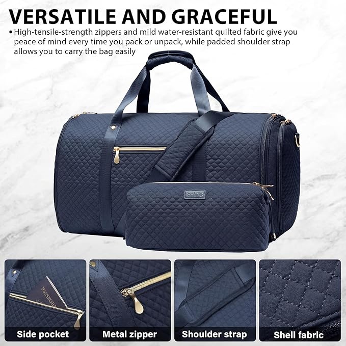 Coolife Garment Bag Carry On Convertible Travel Duffel Bag with Shoe Pouch Weekender Bag for Women Men 2 in 1 Hanging Suit Bag with Shoulder Strap Business Travel Bag (Navy, Standard)