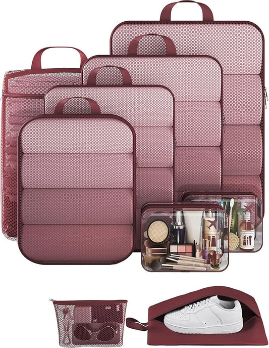 Veken 9/11 Set Compression Packing Cubes for Travel Essentials,Compressible Expandable Large Luggage Suitcase Organizer Bags for Clothing,Durable Space Saver Storage Bags with Toiletry Bags(Wine Red)