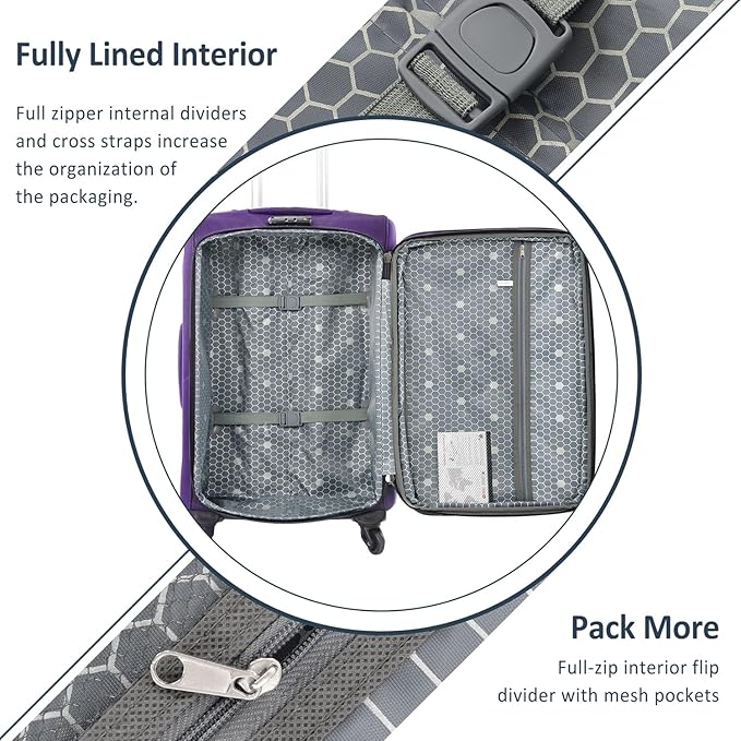 Softside Luggage Sets 3 Piece - 20" Carry-On, 24” & 28” Checked Luggage Set, Expandable Luggage Lightweight Suitcase with Spinner Wheels & TSA Lock for Family Extended Travel (Purple)