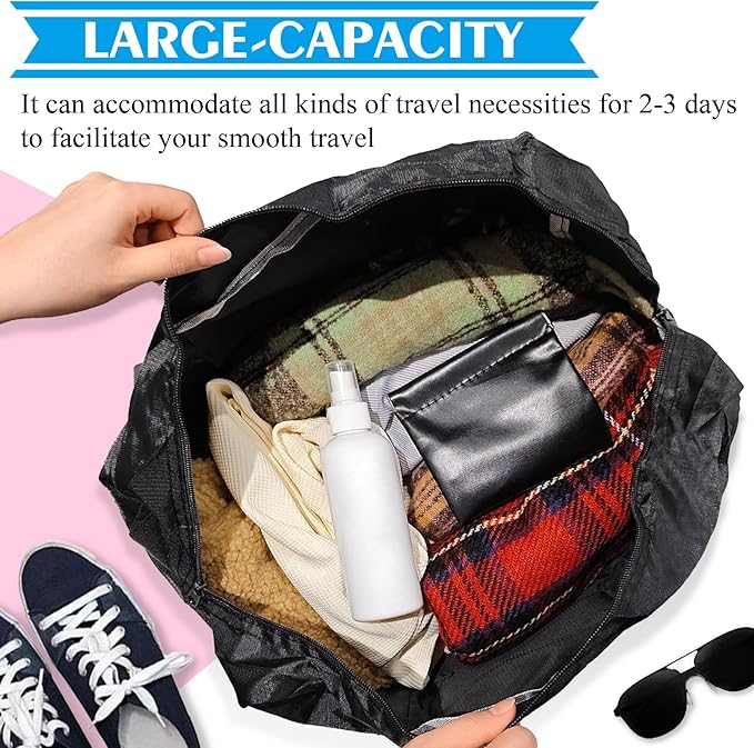 INVODA Travel Bag Carry on Luggage Foldable Duffel Bag Sports Gym Bag Weekender Overnight Bag Water Resistant Nylon Travel Duffel for Men Women (Black)