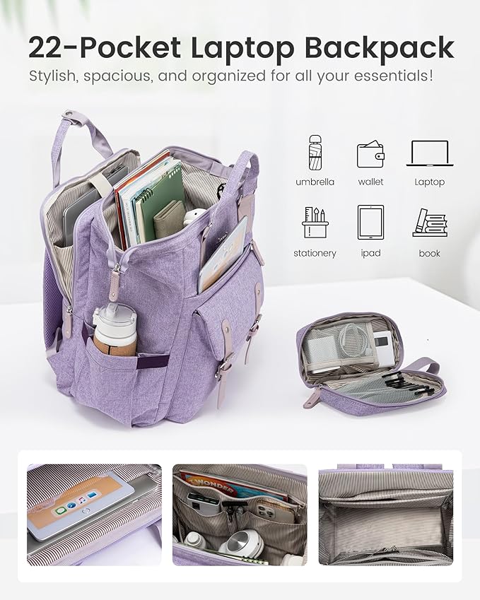 LOVEVOOK Laptop Backpack, Travel Bag with 17.3 inch Laptop Compartment, Water Resistant Teacher Nurse Doctor Work Bag, Anti-theft Daypack, Purple