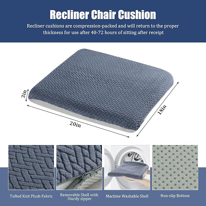 HOMBYS Tufted Furry Recliner Seat Cushion for Elderly Foam Curved Edge Large Square Seat Cushion for Recliner Chair, Floor Pillow, Office Chair, Car, No Pressure on Thighs(Grey, 20 * 18 * 3in)