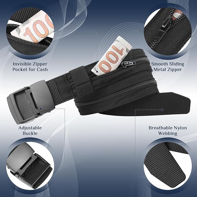 Money Belt- Travel Security Money Belt with Secret Compartment, Anti-Theft Nylon Hidden Money Pouch with Zinc Alloy Buckle for Dad Boyfriend Men, Business Travel Daily