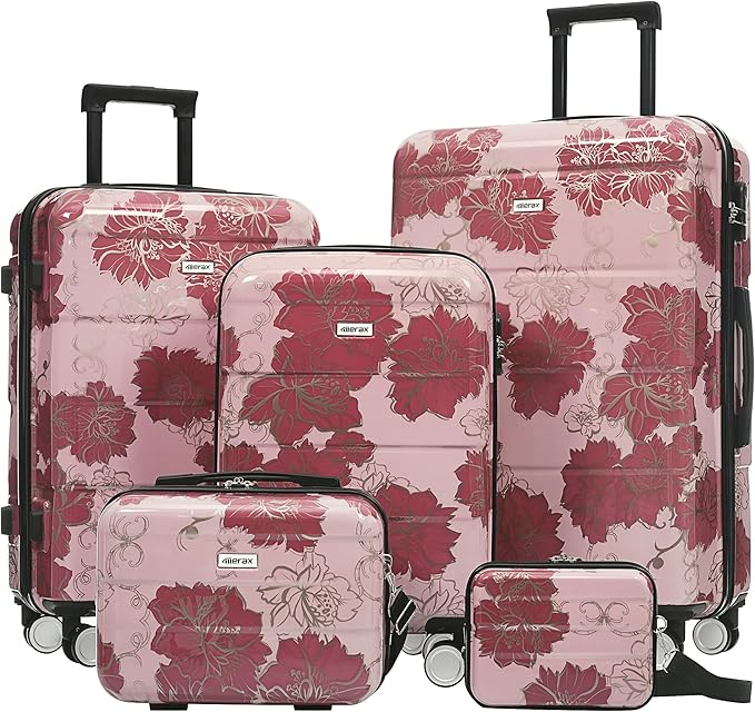 Merax 5 Piece Luggage Set with Spinner Wheels, Lightweight Printing Suitcase Set 8/14/20/24/28 inches, Durable Carry on Luggage with Handbag and Cosmetic Case Suitable all Ages,Purple Pink Flower