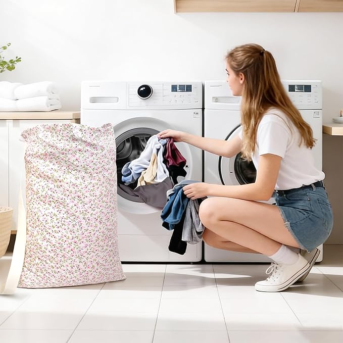 College Laundry Bag 29"×18", Waterproof Dirty Clothes Bag with Handles & Locking Drawstring, Large Capacity Floral Laundry Backpack for Dorm, Laundromat, Apartment, Travel & Camping (Pink)