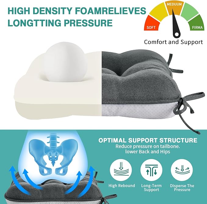 BETU Chair Cushions for Dining Chairs Set of 6,3.5" Thick Kitchen Table Chair Pads with Ties,Non Slip Backing and Covers, Seat Cushion for Dining Room,Bar,Patio Chairs,16"X16"X3.5",Dark Grey