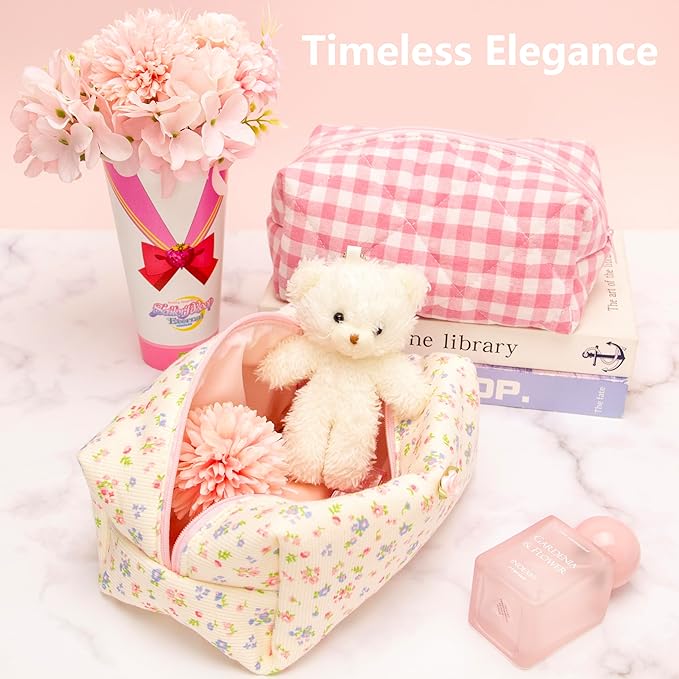 PAZIMIIK Cozy Makeup Bag Travel Cosmetic Bag for Women Soft Toiletry Bag Aesthetic Makeup Organizer Portable Large Zipper Pouch for Skincare Beauty Accessories Brushes Ribbing Floral Beige
