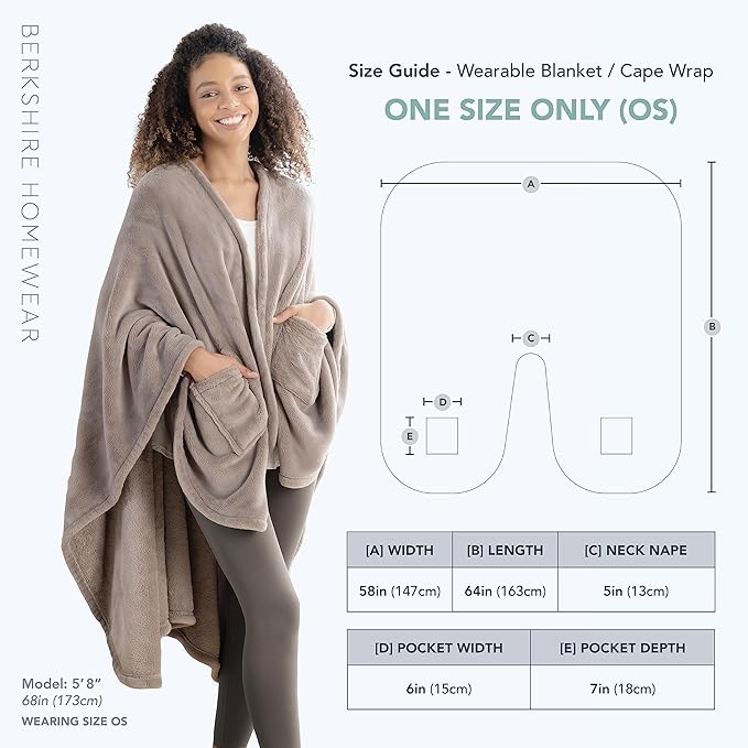 Berkshire Blanket Primalush™ Wearable Blanket, Cozy Loungewear Pocketed Plush Cape Wrap for Adults & Teens(Brown, One Size 58"X64")