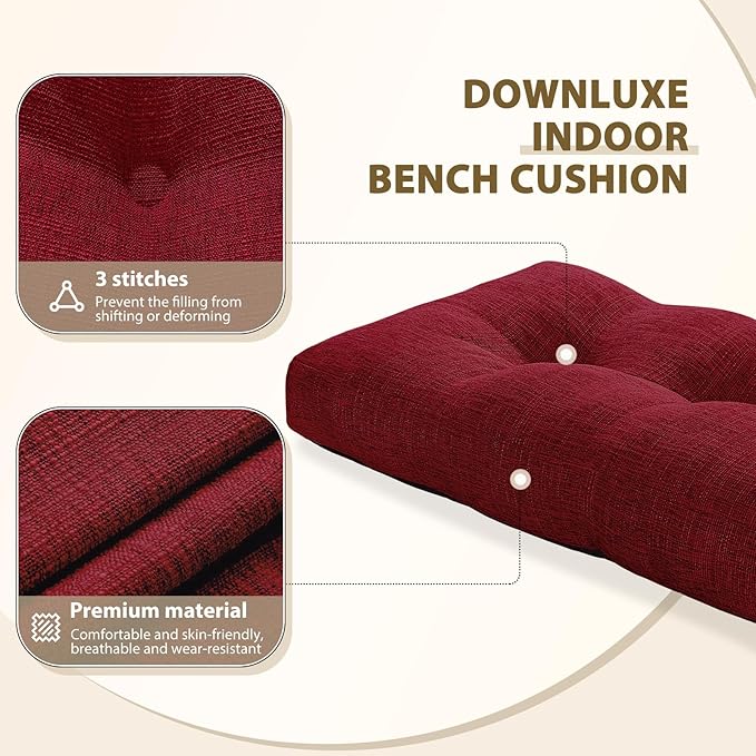 downluxe Indoor Bench Cushion for Indoor Furniture, Non-Slip Tufted Overstuffed Textured Foam Bench Seat Cushion, 1 Pack, 36" X 14" X 4", Burgundy