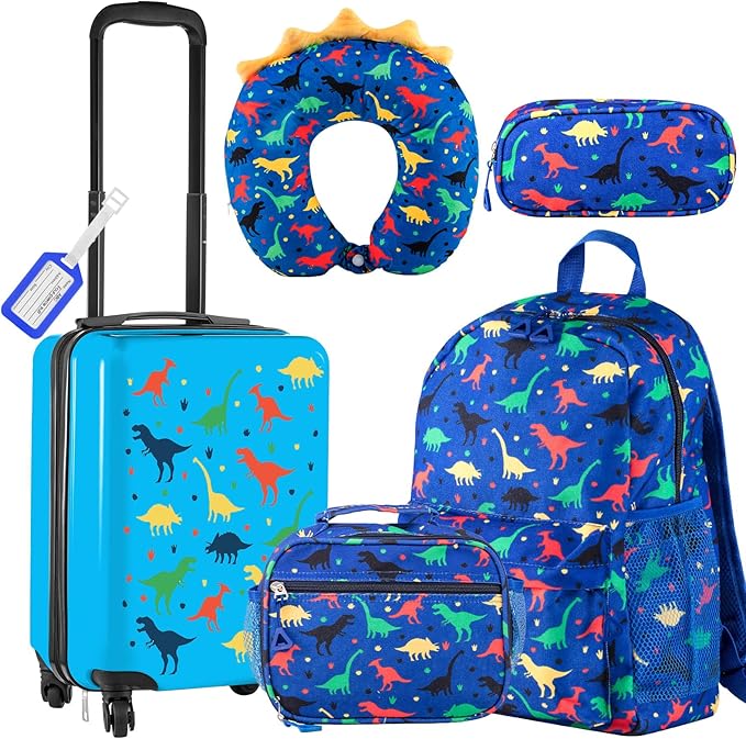 Redbaker 17 Inch 6 Pcs Kids Luggage Set Kids Rolling Luggage Double Pattern Suitcase for Boys Girls (Dark Blue, Dinosaur Style)