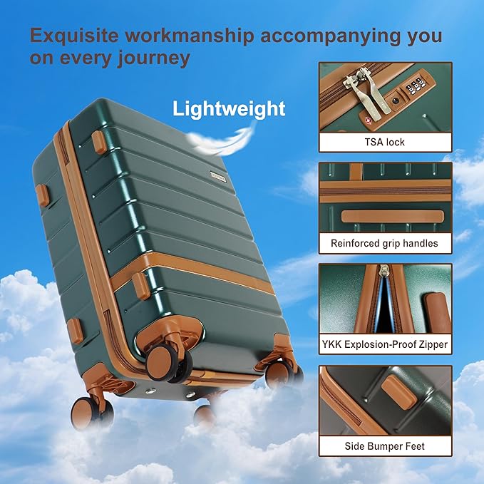 5-Piece Luggage Set for Family Travel, Lightweight Hardshell PC+ABS Suitcases set, Suitcase with 8 Smooth Spinner Wheels, TSA Lock, YKK Zippers (20/24/28/DB/TB Green)