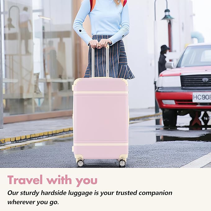 Merax 24 Inch Checked Luggage, Expandable Suitcase with Spinner Wheels, Hard Shell Vintage Luggage Set with TSA Lock(Light Pink)