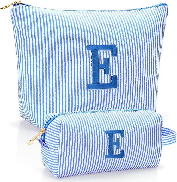 Personalized Initial Makeup Bag,Toiletry Travel Cosmetic Bag,Trendy Stuff for Teen Girls and Women,Holiday & Birthday Gift,2 Pack (E, Blue)
