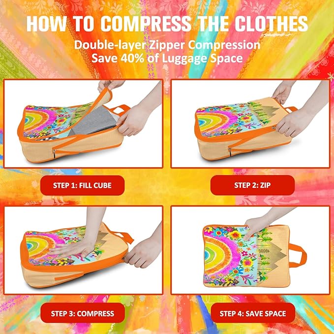 6 Set Packing Cubes Compression Bags for Travel, Floral Packing Organizers for Luggage with Shoe Bags for Packing In Suitcase, Colorful Compression Bags for Storage Trip and Family Vacation