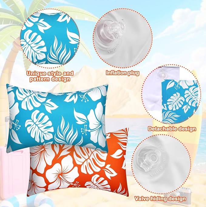 4 Pack Inflatable Beach Pillows with Removable Washable Covers Hawaii Tropical Style Portable Air Pillows for Vacation Sand Tanning Pool and Travel(Palm Leaf Hibiscus Flower)
