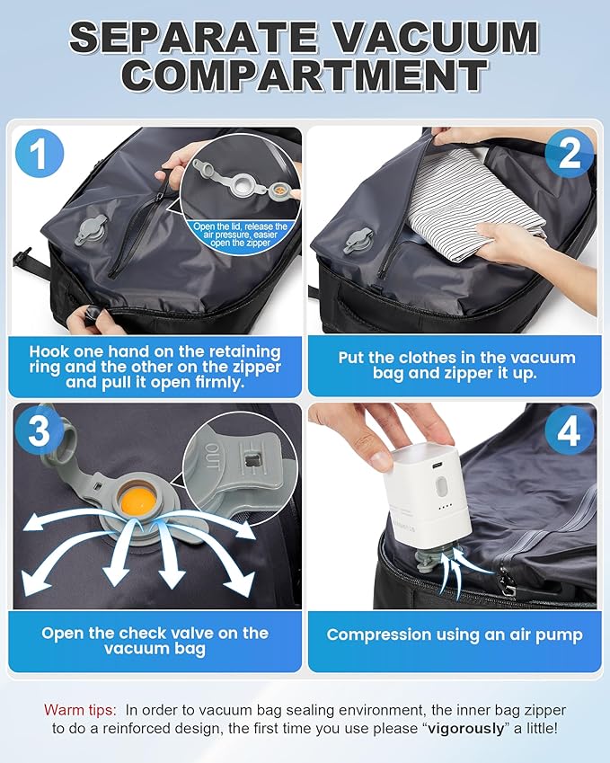 VGCUB Vacuum Backpack Travel with Electric Pump Vacpack System Storage Carry on Work Laptop Business Waterproof College Compression Personal Item Daypack Backpacks for Women Men Black