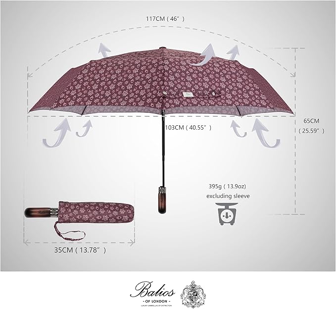 Balios Travel Folding Umbrella with Real Wood Handle Auto Open Close Vented Windproof Canopy - Designed in UK