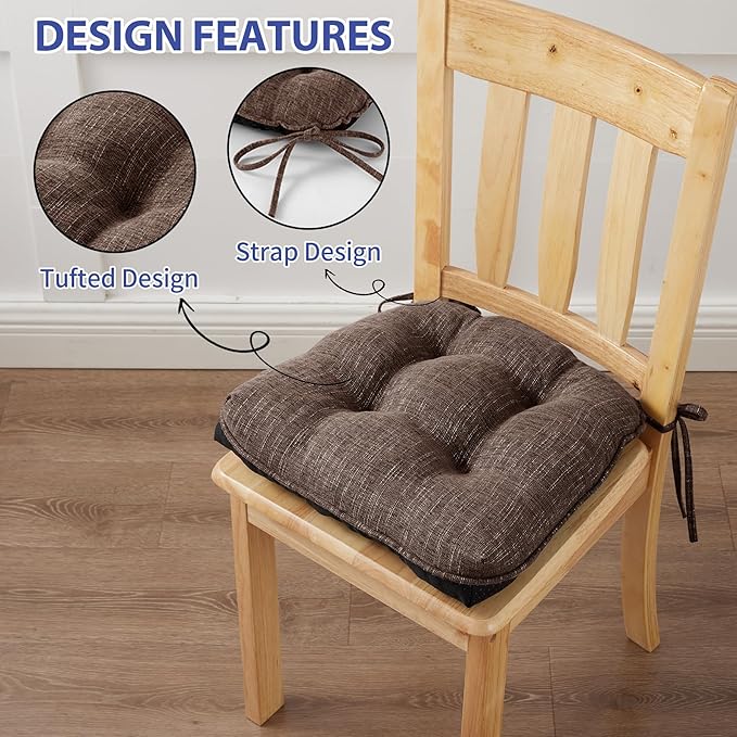 Chair Cushions for Dining Chairs Set of 2, Kitchen Chair Cushions, Chair Pads with Ties and Non Slip Backing, Tufted Memory Foam Seat Cushion 2 Pack, 15.5" x 15.5" x 4", Brown