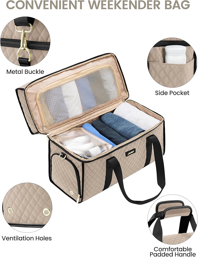Weekender Travel Duffle Bag for Women: Overnight Bags with Shoe Compartment Carry on Bags for Airplanes with Toiletry Bag Weekend Yoga Gym Bag with Wet Pocket Nude Black