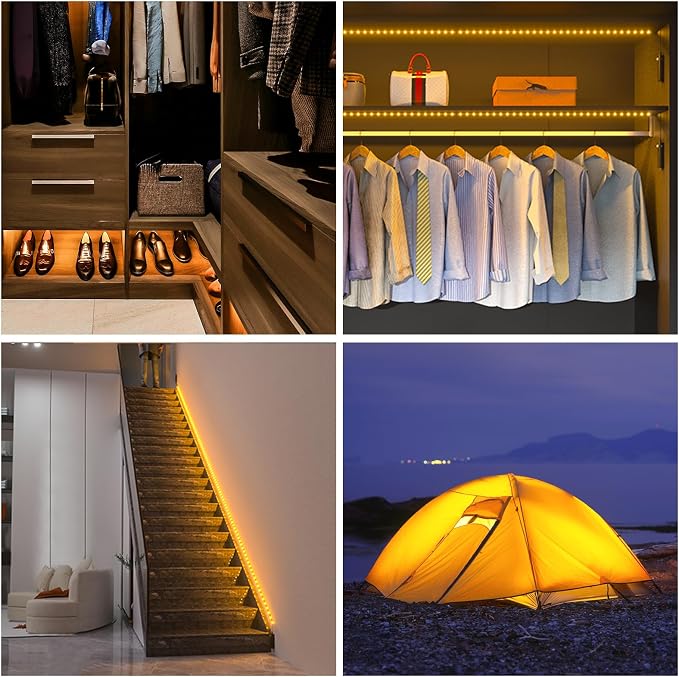WOBANE Rechargeable Motion Sensor Strip Light, Warmwhite LED Closet Lights | Upgraded Battery Operated LED Strip Light for Wardrobe,Stair,Pantry,Cabinet,Cupboard,Bed,Locker,2700K ,Black,6.56ft,2 Pack