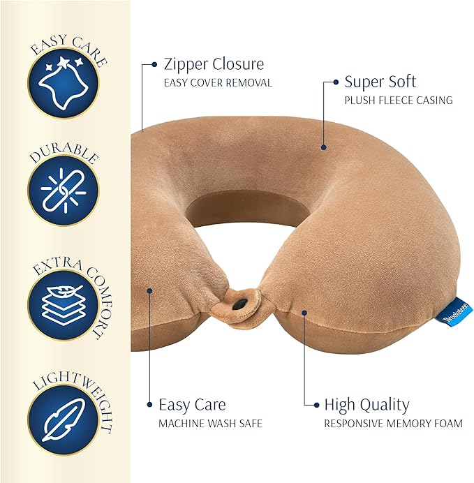 Brookstone Travel Neck Pillow - Lightweight Fleece Casing U-Shaped Stuffable Memory Foam Travel Pillow for Sleeping and Neck Support, Size One Size, Khaki