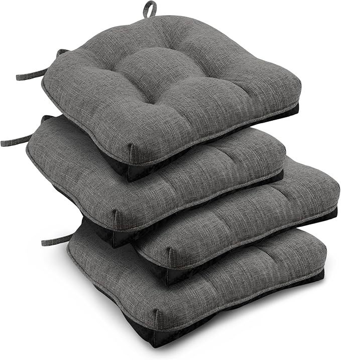 downluxe Indoor Chair Cushions for Dining Chairs, Tufted Overstuffed Textured Kitchen Chair Pads with Ties and Non-Slip Backing, 16.5" x 16.5" x 4", Dark Grey, 4 Pack