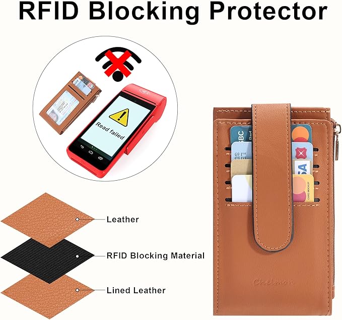 Chelmon Womens Wallet Slim RFID Blocking Bifold Multi Card Case Wallet with Zipper Pocket (Tan)