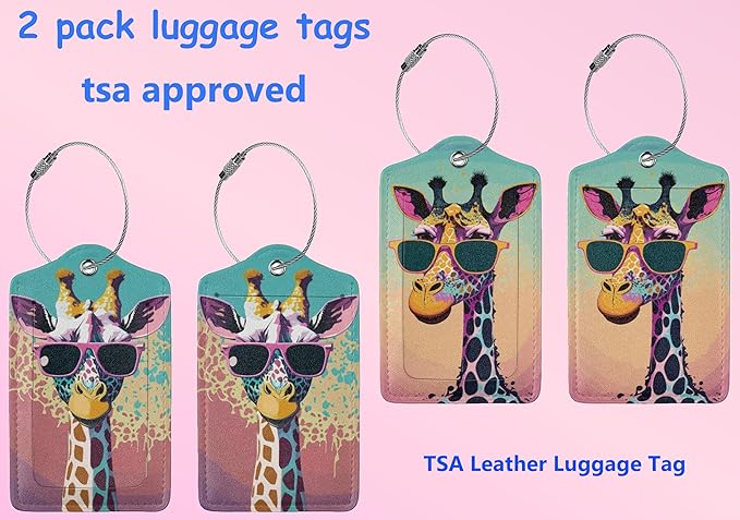 2P Giraffe Luggage Tag for Suitcase, Cute Unique Leather Bag Tags Identifiers Privacy Cover ID Label with Durable Steel Loop for Women Men Kids Girls Travel
